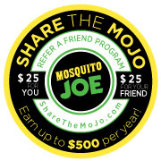 Share the MoJo referral program black and yellow logo that says refer a friend and you both receive $25!